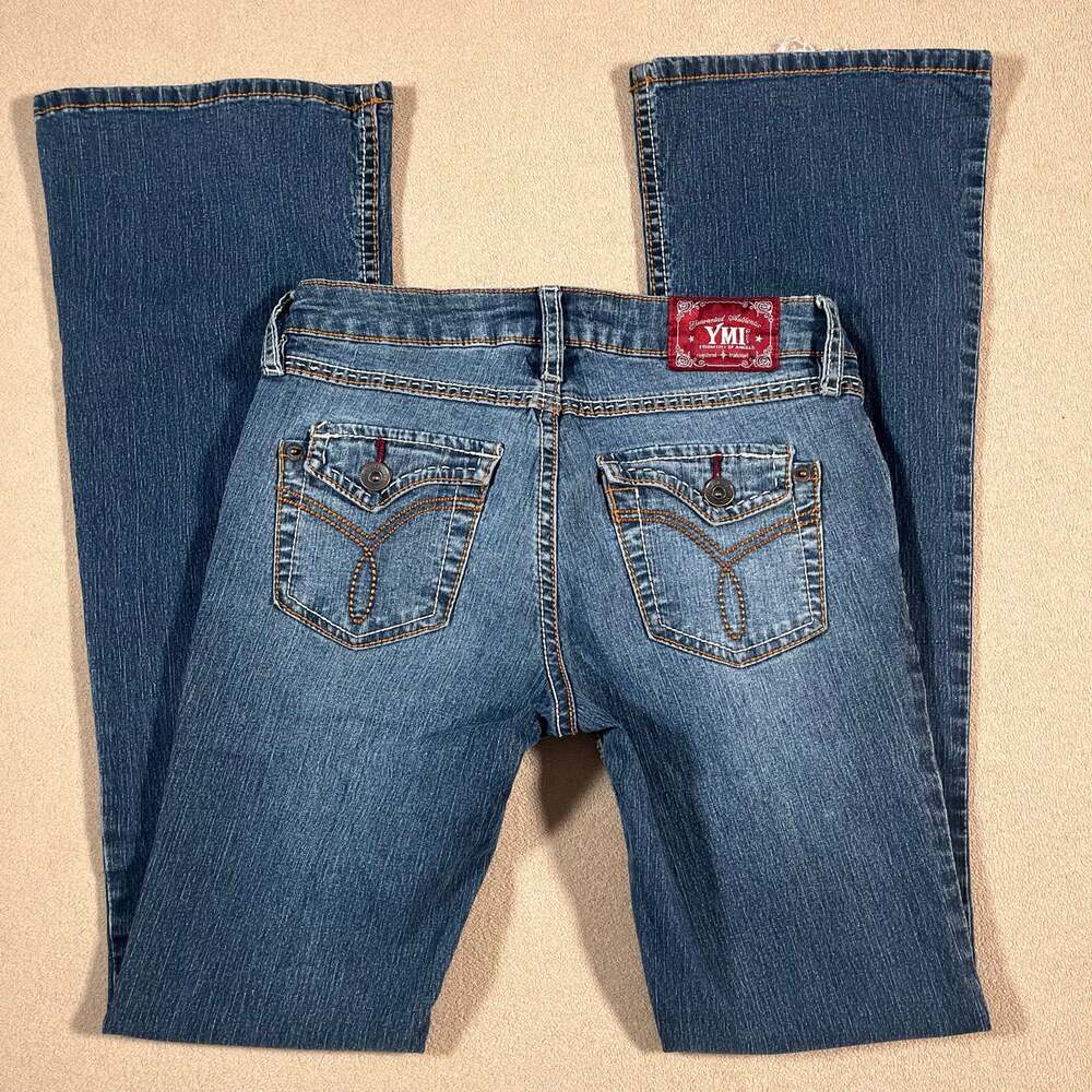 Y2K VTG YMI Lowrise Flare Medium Wash Denim Jeans Contrast Stitching Womens Sz 0